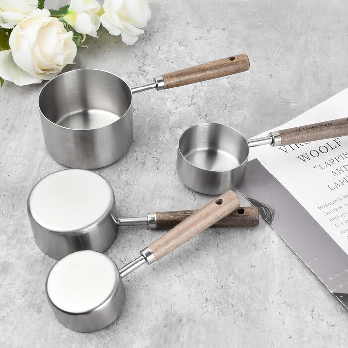 Набір мірних ложок та чашок мідного кольору, 4 шт. для кухні: 60мл, 80мл, 125мл, 250мл. Нержавіюча сталь, дерев'яна ручка