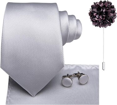 Набір краватка, нагрудна хустинка, запонки та латунний шпилька Hi-Tie для весілля та ділових зустрічей, жаккардовий шовк, сріблястий
