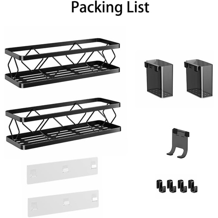 Полиця для душу без свердління, чорна, 2 шт. - полиці для душу з нержавіючої сталі, 5 гачків та 2 тримачі для зубних щіток, самоклеюча органайзер для ванної кімнати, кухні, вантажопідйомність 16 кг