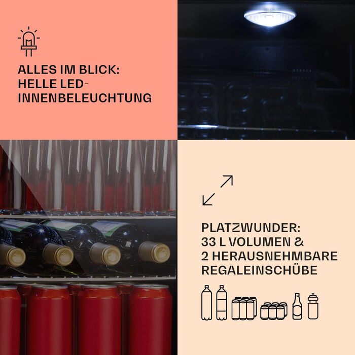 Міні-холодильник Klarstein з дверцятами зі скла, для кімнати, холодильник для напоїв з регульованими полицями, компактний, для використання в приміщенні/на вулиці, тихий (33 л, чорний)