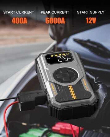 Powerbank Eigotrav Starthilfe: пусковий пристрій для авто 6000A, 12V, 150 PSI компресор, LED, LCD, сріблястий (до 7.5L бензин, 6L дизель)