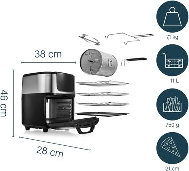 Princess Aerofryer Oven Deluxe - 11 Liter Capacity; 1800W; 65-200°C; 10 Programs; incl. Rotating Basket, Rotisserie Spit, 3 Baking Sheets, Crumb Tray, Handle, 182075, Black/Silver REGULAR 11L