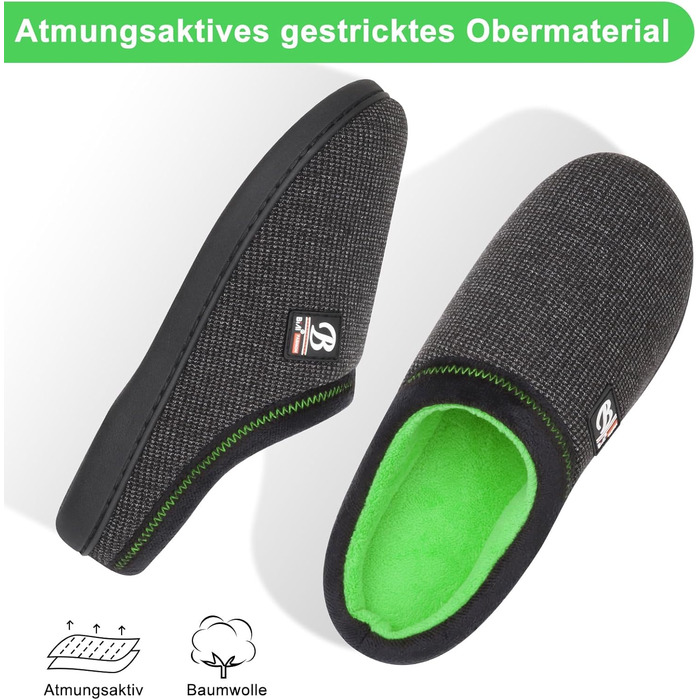 Чоловічі халапи BIAL з меморі-піною, антиковзкі, теплі, з плюшевою підкладкою, для дому та вулиці (42/43 EU, весняно-зелений)