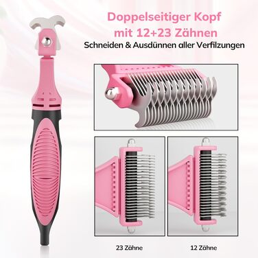 Щітка для собак та котів, 12+23 зубчики, сталевий гребінець для видалення шерсті, двостороння, проти ковтання, для собак, велика, рожева