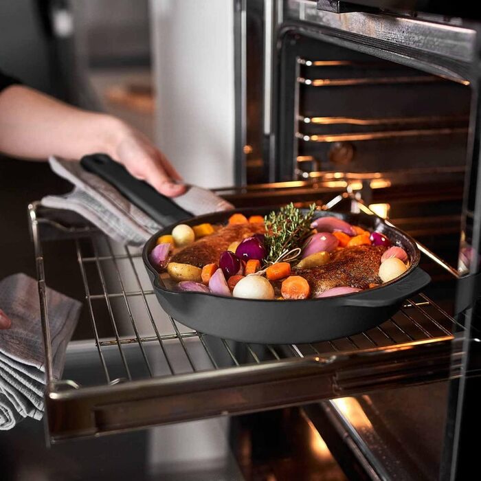 Чавунна гриль-сковорода Springlane 26 см Емальована - для стейків, підходить для всіх плит (індукція), сіра