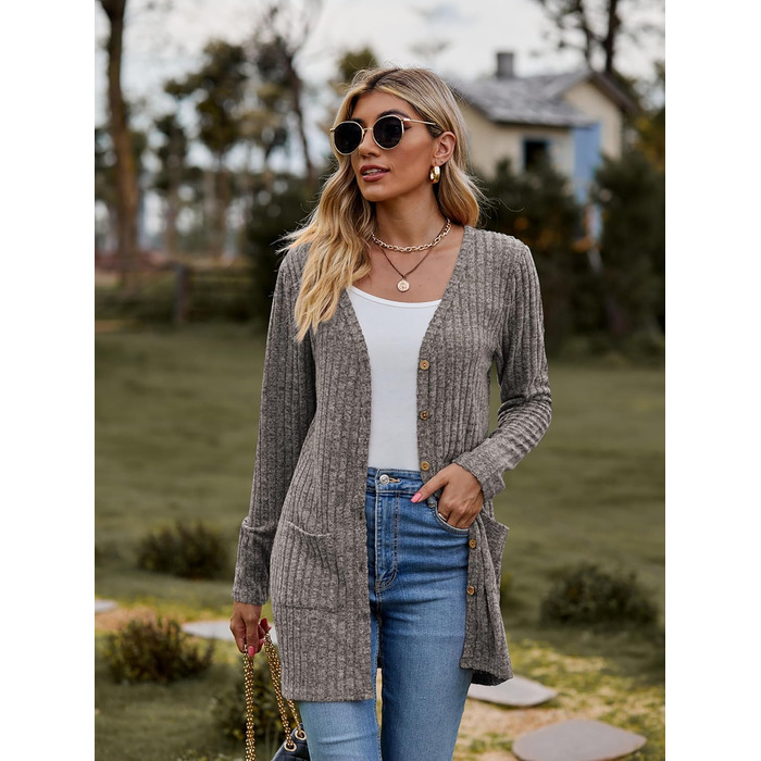Кардиган жіночий з довгим рукавом Famulily, відкритий ззаду, V-подібний виріз, легкий, з кишенями (L, Кофе)