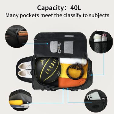 Lubardy Sports Bag/Duffle Bag Large 40L Waterproof with Sports Towel, Shoe Compartment, Wet Compartment, Weekender, Swim Bag, Training Bag, Gym Bag for Women and Men, Black