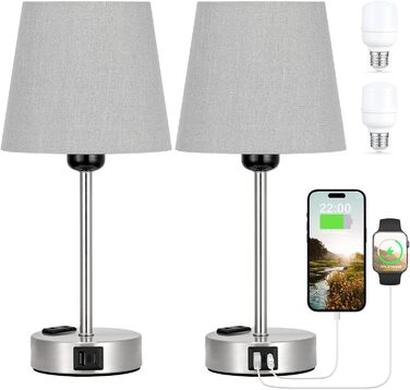 Настільна лампа Kakanuo з торшетом, 2 шт., з USB-портами та диммуванням, для спальні, вітальні, дитячої кімнати, офісу, тканинний абажур, колір: сірий-сріблястий