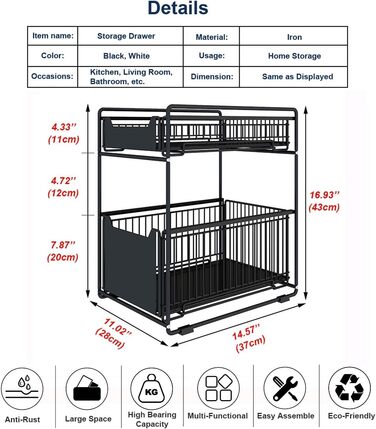 Under-Cabinet Organizer with 2 Tiers, Adjustable Height, with Wooden Handle, Pull-Out Metal Basket for Kitchen and Bathroom (Black)
