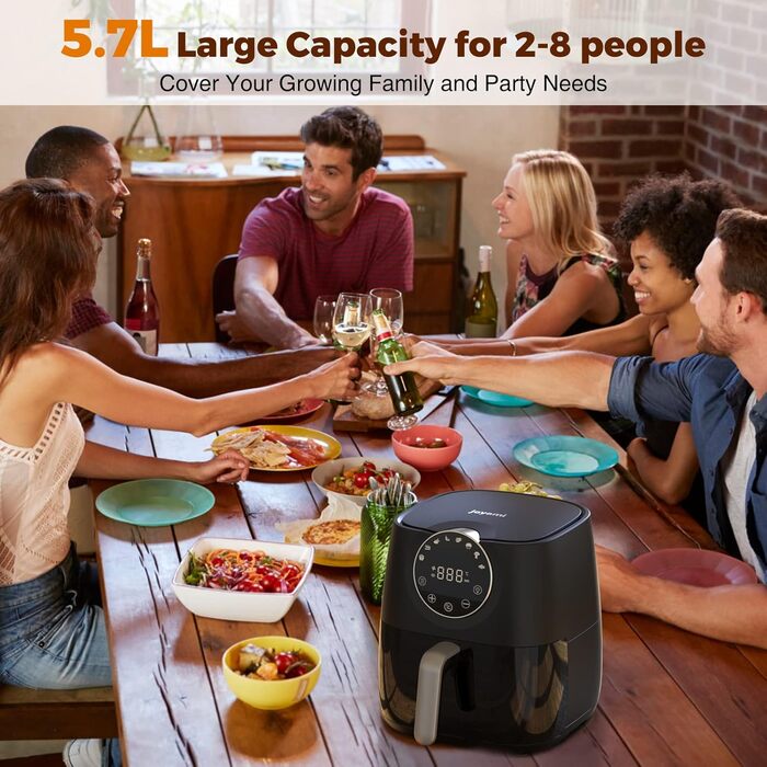 Фритюрниця Joyami Heißluft XXL 5.7L з сенсорним керуванням, 1700W, 8 програм, без олії, чорна
