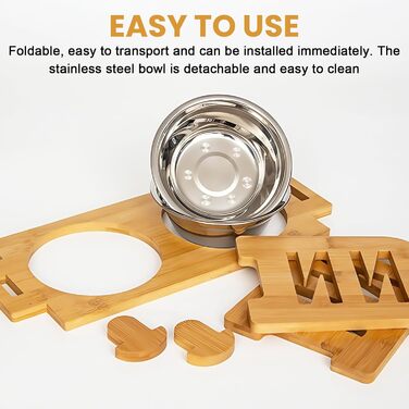 Підвищена годівниця для собак з бамбука з регулюванням висоти, 2 миски з нержавіючої сталі, нахилена годівниця для собак та котів, міцна