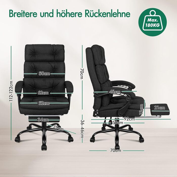 Офісне крісло ALFORDSON з регулюванням нахилу 150°, обертання 360° та підставкою для ніг. PU-шкіра, глянцево-чорний колір (Palmer - Льняний Чорний)
