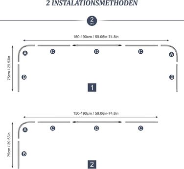 Штанга для душу U/L форми 75×(150-190)×75 см - 2 в 1 (для душу та ванни) з кільцями, без кріплень до стелі
