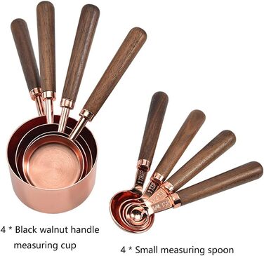 Alnicov Measuring Cups & Measuring Spoons 8-Piece Set, rose gold measuring spoons with walnut handle for the kitchen for measuring various ingredient quantities. For kitchen, cooking, and baking.
