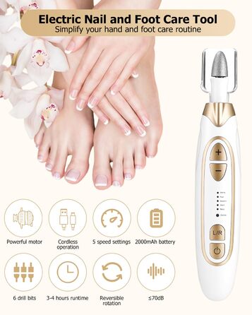 Набір для манікюру та педикюру з електричною насадкою для шліфування нігтів, 6 насадок, 20 шліфувальних кілець, 5 швидкостей, LED-підсвічуванням, білий