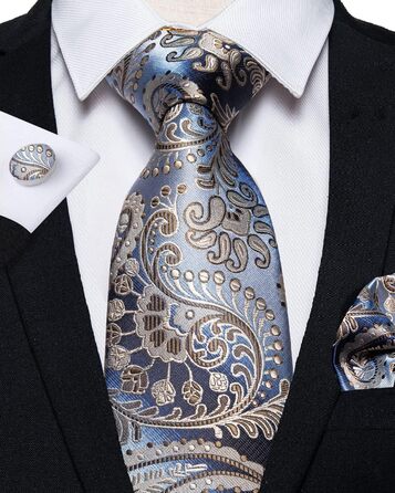 Комплект краватка, хустинка та запонки DiBanGu Paisley (блакитно-бежевий) - шовковий жакард для ділового стилю