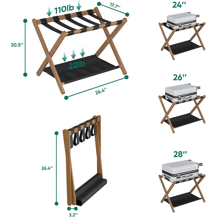 Smuxee Walnut Bamboo Luggage Rack for Guest Rooms, Folding Suitcase Stand with Storage Shelf, Lightweight Assembled Luggage Rack with 5 Nylon Straps for Guest Rooms Bedrooms Hotel