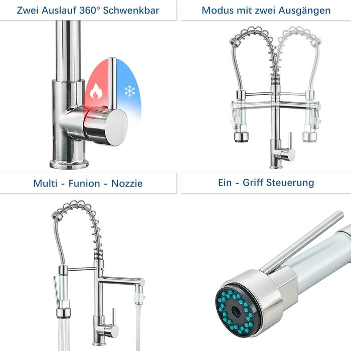 Кухонний змішувач з двома виливами, поворотний на 360°, з високим виливом та спіральною шланговою насадкою. Змішувач для кухні з нержавіючої сталі, оброблений під мідь (щіткова обробка).