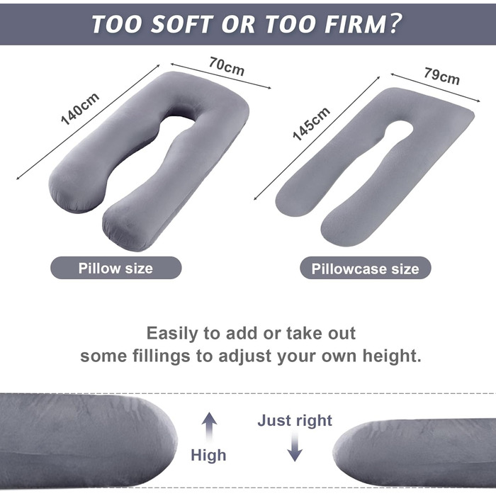 Подушка для вагітних U-подібної форми Vikcvcsc, подушка для всього тіла з чохлом, подушка для годування XXL, велика подушка для сну на боці для вагітних знімний та пральний чохол (Сірий, Велюр)