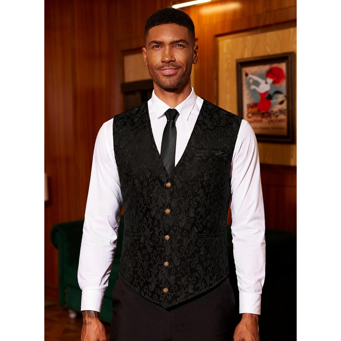 Чоловічий жилет Coofandy Paisley Steampunk готичний, приталений, з V-поглибленням (Чорний, XL)