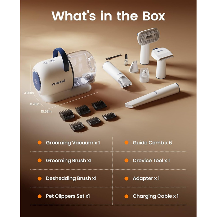 Машинка для стрижки собак Oneisall з пилососом, потужність 12000 Па, видаляє 99.99% шерсті, тиха, для собак та котів, 7 насадок