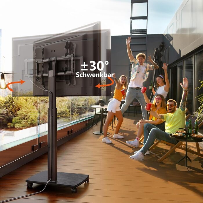 FITUEYES Rolling TV Stand with Wood Shelf - Adjustable Height & Swivel - Fits 32-70 inch TVs (up to 40kg, VESA 400x600) - Black