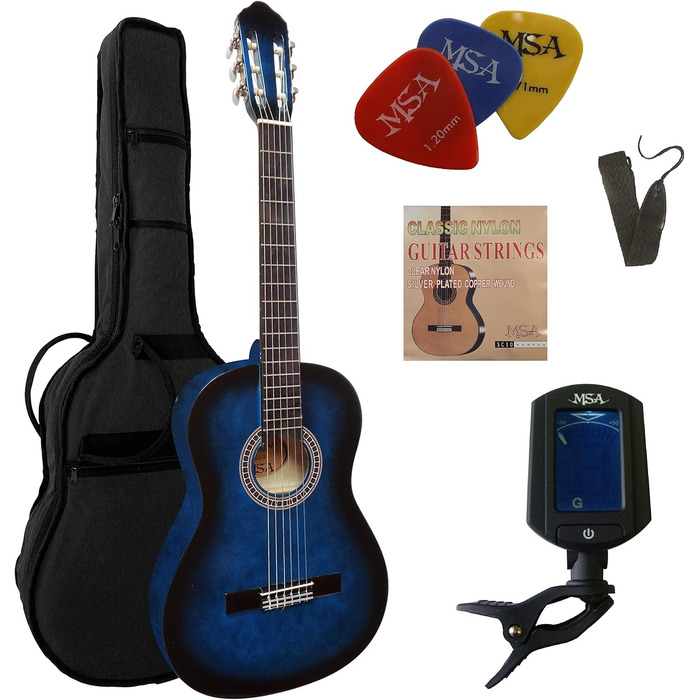 Класична гітара концертного класу, блакитна, з чохлом, тюнером, струнами нейлон та 3 медіаторами