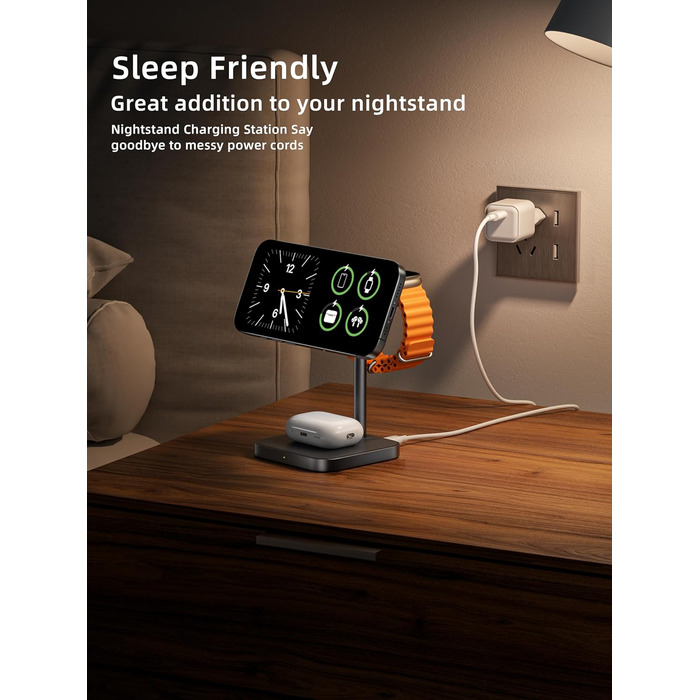 LULULOOK Qi2 Магсейф Зарядна Станція 3 в 1 з Алюмінію для Apple Watch та iPhone, 15W Швидка Зарядка (17 Pro Max/17 Pro/17 Air/17), 5W для Apple Watch Ultra, AirPods, Титан (Сірий)