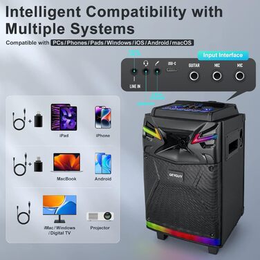 Портативна караоке система з Bluetooth та 2 мікрофонами, 2 x 10” динаміки, USB-C запис, світлові ефекти, FM, підтримка TV/проектора, GTSK210-1