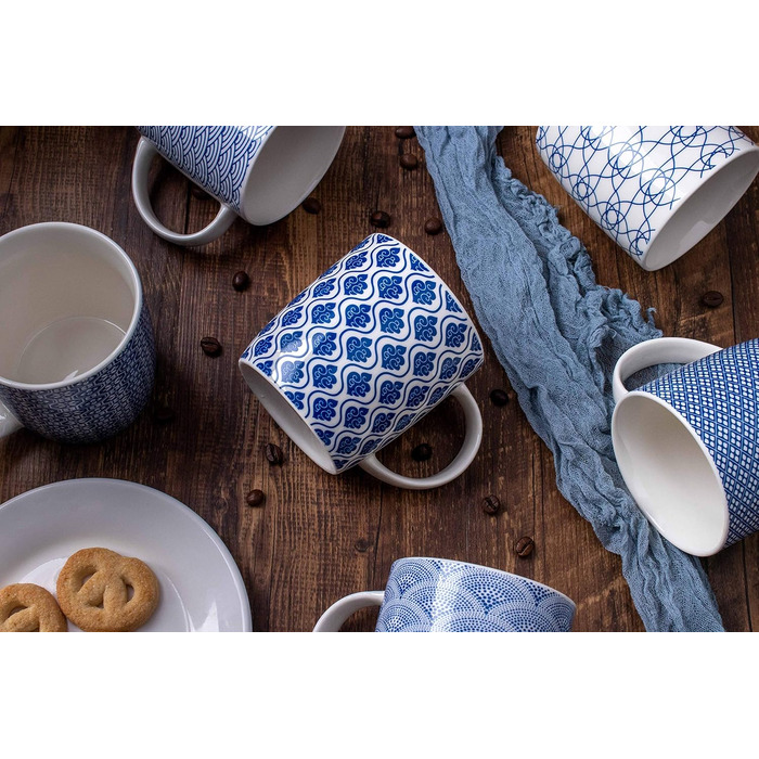 Set of 6 coffee cups with black and white geometric pattern, ceramic tea cup set of 6 (black cup set) (Blue)