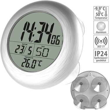infactory Bathroom Radio Clock: Digital Bathroom Radio Wall Clock with Thermometer, Aluminum, Suction Cups, IP24 (Bathroom Radio Clock Digital, Clock, Gift Ideas)