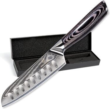 Ніж Wolfblood PRO Damast Santoku (23 см) з дамаської сталі 67 шарів - професійний кухонний ніж з дерев'яною ручкою, подарункова коробка та захист леза
