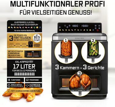 Фритюрниця електрична Gourmetmaxx FryUp3 з 3 камерами 17л, Airfryer з сенсорним дисплеєм, 12 програм, вікном огляду – для 12 осіб