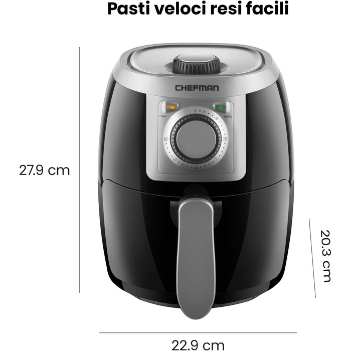Фритюрниця Chefman 2L Mini – компактна, чорна, з антипригарним кошиком, цифровим таймером та індикатором струсу