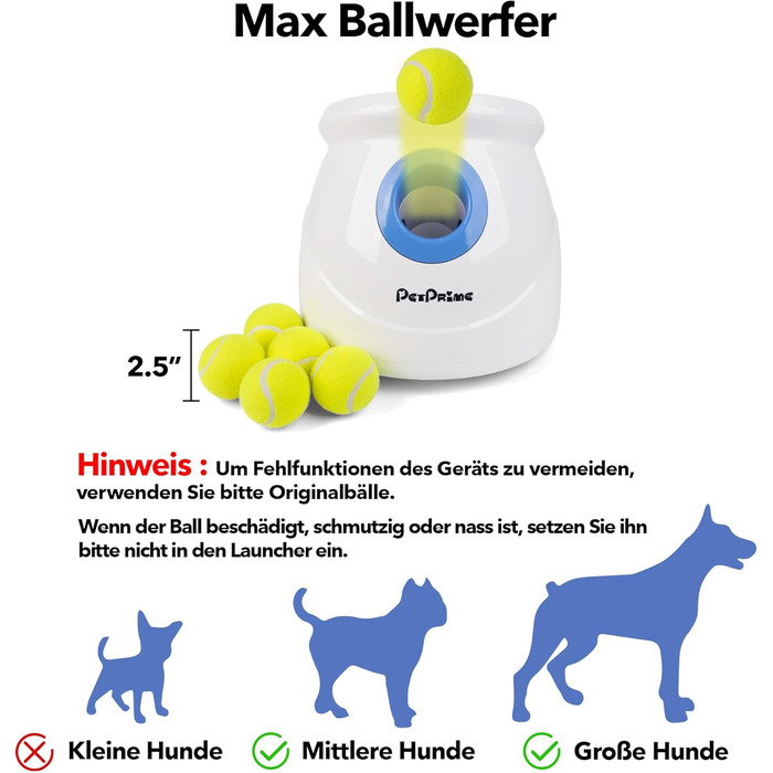 Автоматична машинка для метання м'ячів Pet Prime для великих собак, 10-40 футів, 6 тенісних м'ячів 2,5''