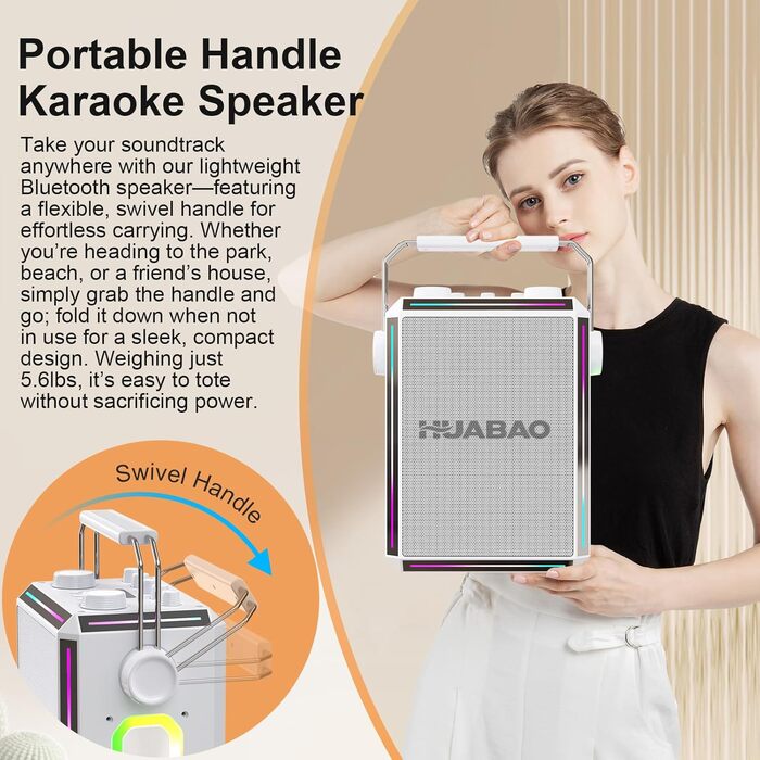 Портативна Bluetooth-колонка караоке з 2 бездротовими мікрофонами, RGB-підсвічуванням, регулюванням високих та низьких частот, ефектами голосу, AUX/USB/TF/OTG, 6,5 мм роз'єм, для вечірок (біла)