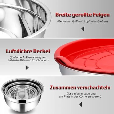 Homikit Mixing Bowl Set of 7, Stainless Steel Bowl Set, Salad Bowl with Airtight Lid for Cooking/Baking/Serving, Stackable, Versatile, Dishwasher Safe, 6.5/4.5/2.7/2.5/1.5/1.2/0.7L, Red