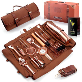 Travel Bartender Kit with Bag, 17-Piece Copper Bar Tool Set Cocktail Shaker Set, Portable Waxed Canvas Bag with Shoulder Strap for Bartenders, Parties, Camping Trips