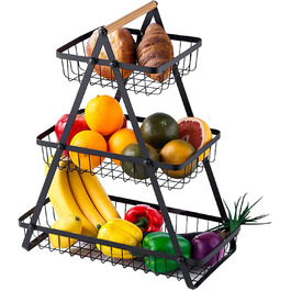 Багатоярусна металева підставка для фруктів та овочів MaxEarn - 3 яруси, велика місткість, з дерев'яною ручкою