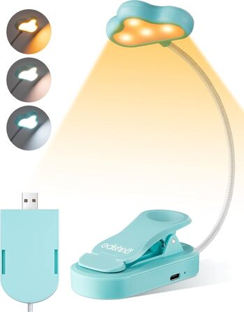 EDISHINE Кліпса-лампа для читання, USB перезарядна, LED лампа для книг, 3 режими кольору, регулювання яскравості, подарунок для дітей, любителів читання (блакитна)