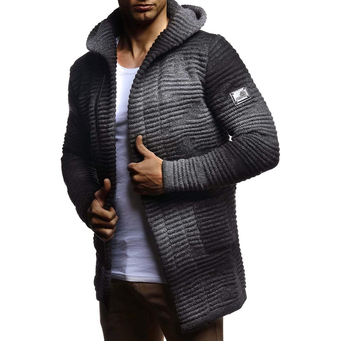 Чоловічий светр Leif Nelson з капюшоном та блискавкою - тепла в'язана куртка-світшот, кардиган для зими (XL, Чорний Антрацит)