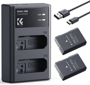 Акумулятор K&F CONCEPT EN-EL14 (2 шт.) та зарядний пристрій 2xUSB для Nikon D3500, D5600, D3200, D3300, D3400, D5500, Coolpix P7800, P7700, P7200, P7100, P7000