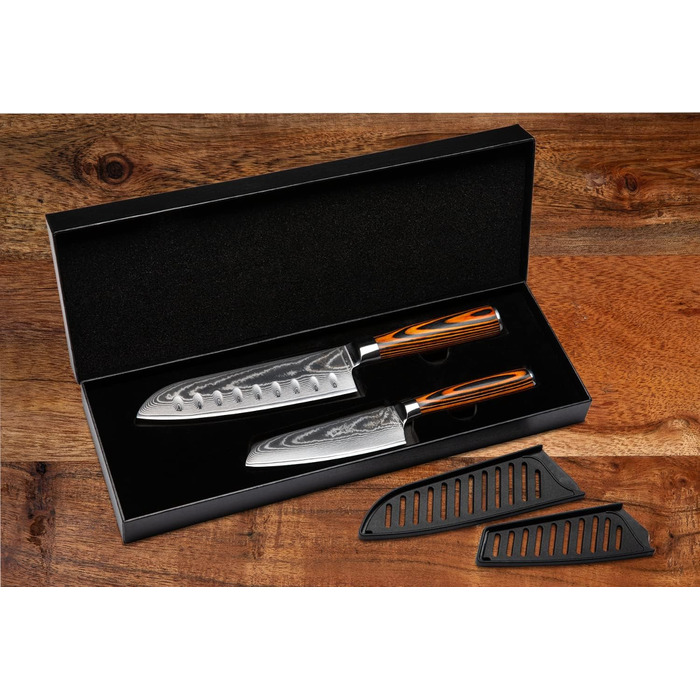 Набір ножів кухонних Wolfblood Santoku Дамаск (30 см та 24 см) - 67 шарів, сталь 62 HRC, дерев'яна ручка, подарункова коробка