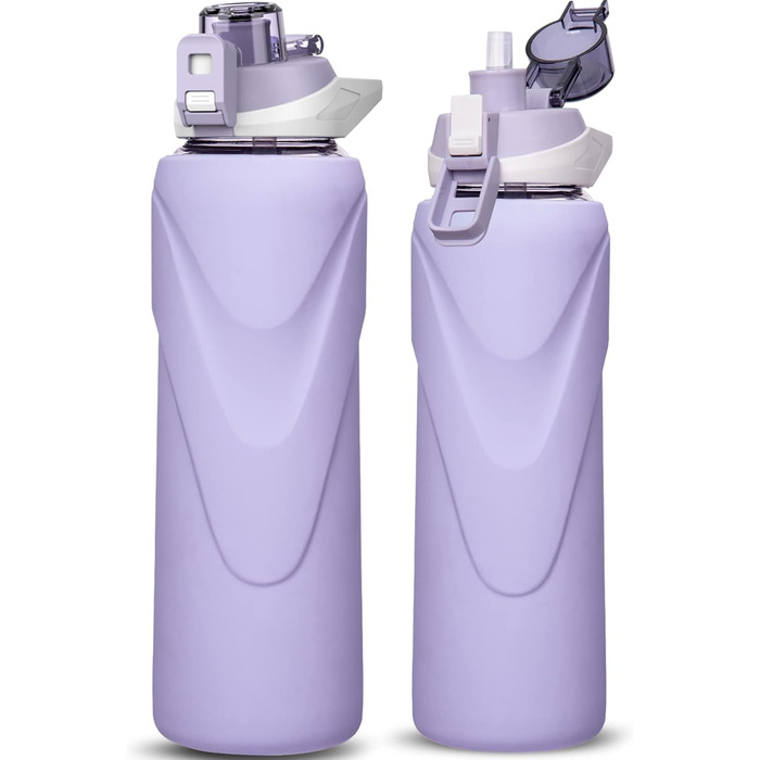 1 liter / 1l Drinking Bottle Glass with Straw BPA Free Glass Bottle with Silicone Sleeve Borosilicate Glass Water Bottle (Light Purple)