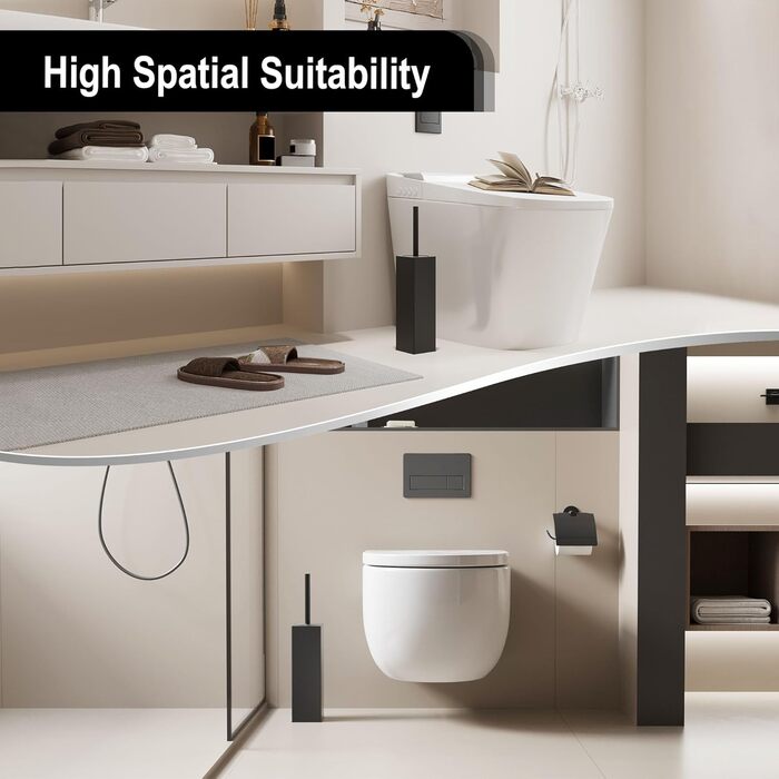 Чорна щітка для унітазу BVL з тримачем, метал, з 2 насадками, квадратна, силіконова, для ванної кімнати