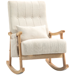 HOMCOM Rocking Chair, Padded Rocking Chair with Lumbar Pillow, Side Pocket, Recliner, Wooden Frame, Linen-Look for Living Room, Bedroom, Beige