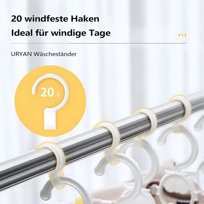 Сушарка для білизни URYAN 200 см, сталева, розкладна, для дому та вулиці, з 20 гачками, велика, стійка
