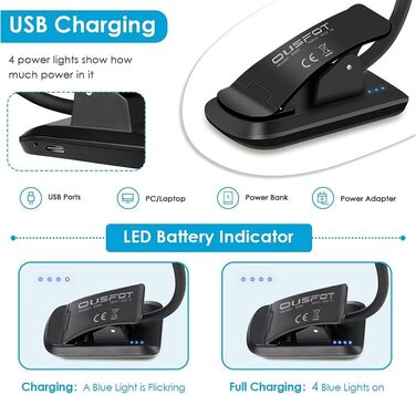 LED кріпильна лампа OUSFOT для читання з 3 рівнями яскравості, USB, 9 LED, гнучка на 360°, для книги, офісу, ліжка, нотного ставу, 3 колірні температури