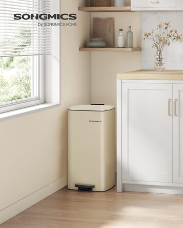 Відро для сміття SONGMICS з педаллю, сталеве, з внутрішнім відром, Soft-Close, 30 л, пісочно-бежевий