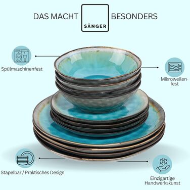 SÄNGER | Capri Dinnerware Set, 12-Piece, Plate Set for 4 People, Stoneware Dinnerware including Dinner Plates, Dessert Plates & Deep Plates, Turquoise Blue Tableware Set with Grey Rim | PREMIUM COLLECTION 12-Piece Dinnerware Set
